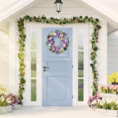 24 Inch Spring Summer Door Wreath with Purple Hydrangea and Pink Roses