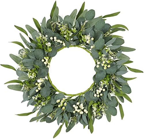 TOCHGREEN 22 In Artificial Eucalyptus Wreath with White Berries