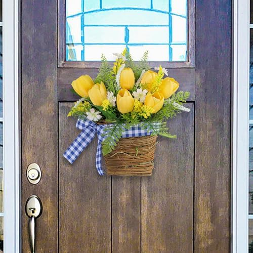 Tomotato Tulips Door Wreath Basket with Wildflowers