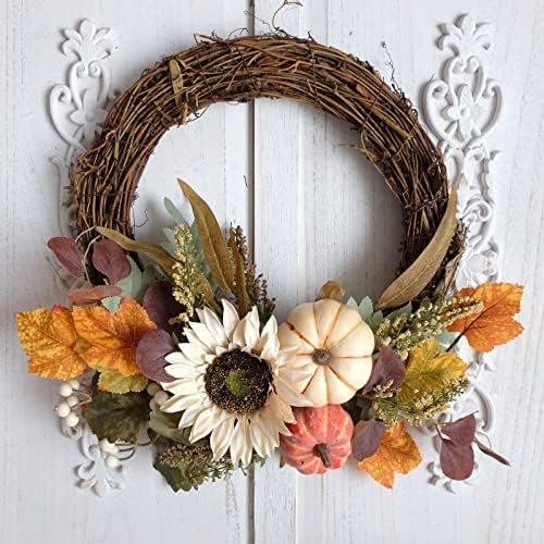 12 Inch Fall Harvest Wreath with Pumpkins and Sunflowers