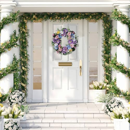 24 Inch Spring Summer Door Wreath with Purple Hydrangea and Pink Roses