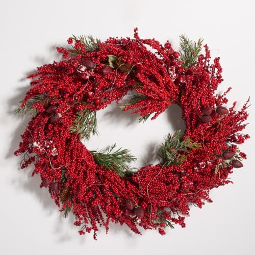 SAFAVIEH 30-Inch LED Light Wreath with Pine and Red Berries