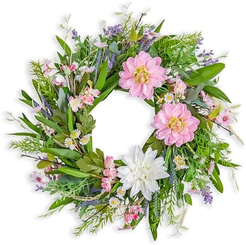20 Inch Pink Dahlia Artificial Spring Wreath for Front Door