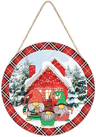 Farmhouse Door Hanger Red Plaid Winter Scene Cute Gnome Wood Sign