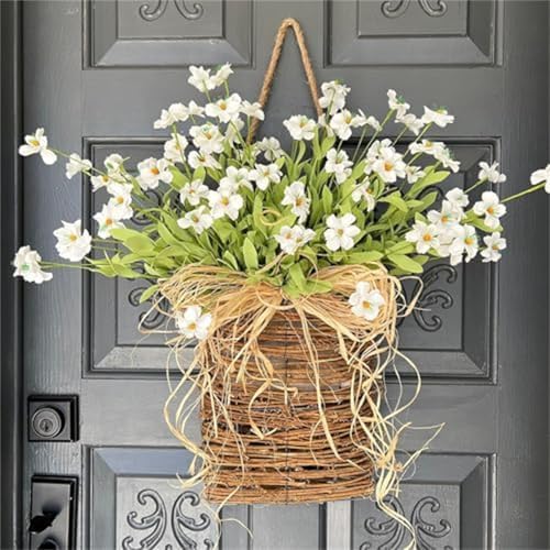 Cream Hydrangea Door Wreath with Wildflowers Basket