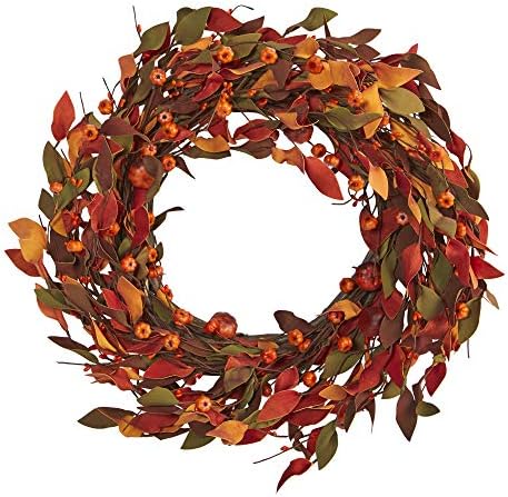 Nearly Natural 20in Harvest Leaf and Mini Pumpkin Artificial Wreath