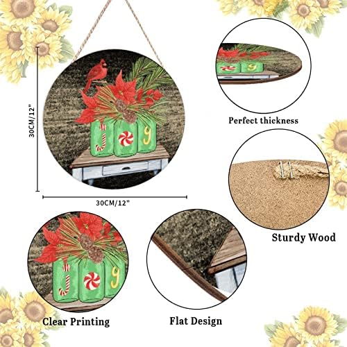 Farmhouse Door Hanger Christmas Red Bird Flower Joy Wood Sign 12x12in