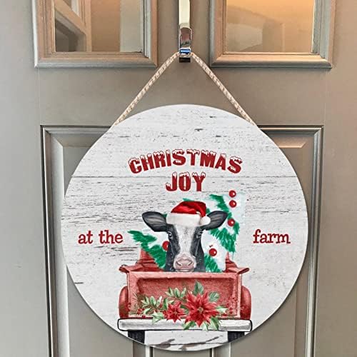 Farmhouse Front Door Hanger with Santa Cow Christmas Wood Sign