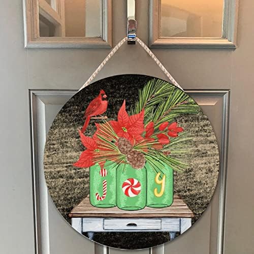 Farmhouse Door Hanger Christmas Red Bird Flower Joy Wood Sign 12x12in