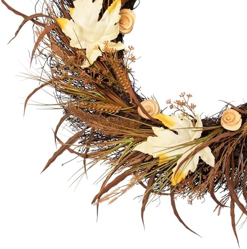 Northlight Autumn Harvest Cattail and Wheat Artificial Wreath Unlit 24 Inch Brown