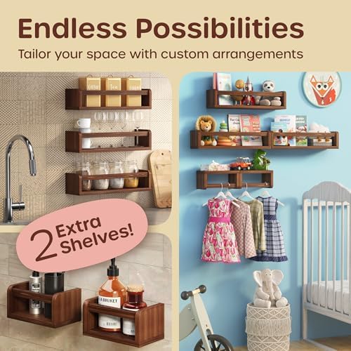 Wall-Mounted Nursery Bookshelves - 3 Long 2 Mini Shelves
