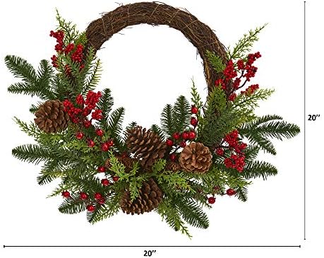 Nearly Natural 22in Mixed Cedar Berries Pine Cones Artificial Wreath