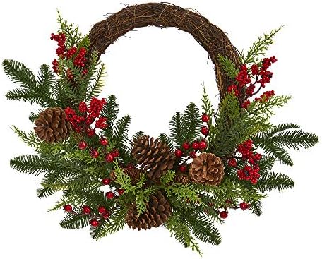 Nearly Natural 22in Mixed Cedar Berries Pine Cones Artificial Wreath