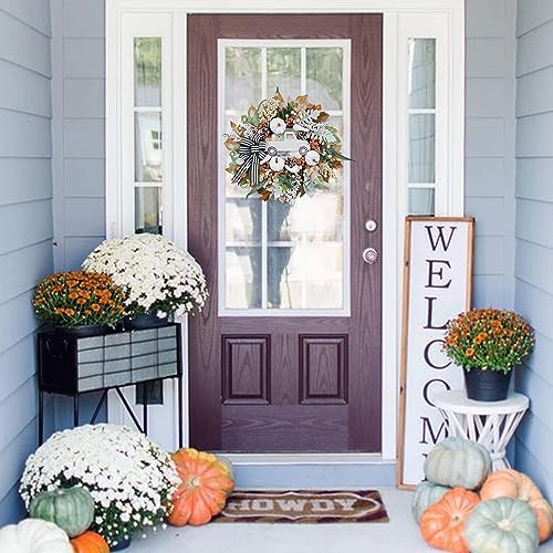 20 Inch Fall Wreath with White Pumpkin and Ribbon Bow