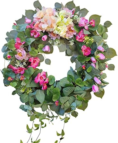 24 Inch Spring Wreath with Pink Tulips and Purple Hydrangeas
