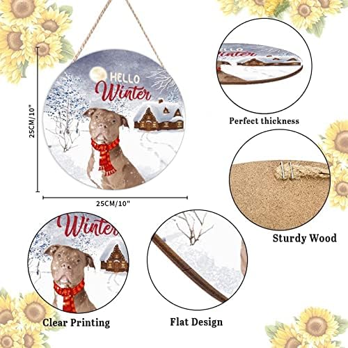 Farmhouse Front Door Hanger Hello Winter Christmas Dog Wearing Scarf Wood Sign