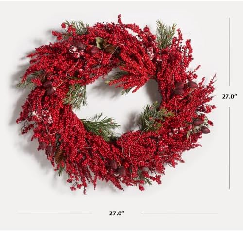 SAFAVIEH 30-Inch LED Light Wreath with Pine and Red Berries
