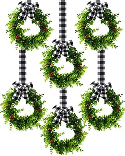 6 Pcs Christmas Kitchen Cabinet Wreaths with Plaid Ribbon