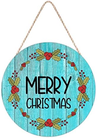 Farmhouse Front Door Hanger with Holly Christmas Wreath Wood Sign 10x10in
