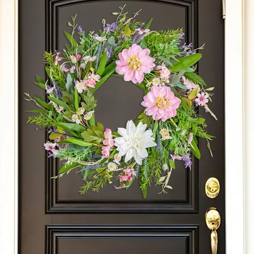20 Inch Pink Dahlia Artificial Spring Wreath for Front Door