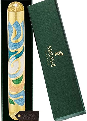 Matashi Gold Hand Painted Enamel Mezuzah 6 Inch Decor