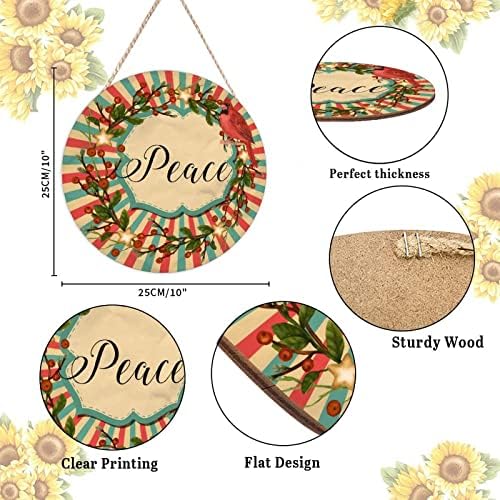 Farmhouse Door Hanger Red Birds Holly Christmas Peace Wood Sign 10x10in