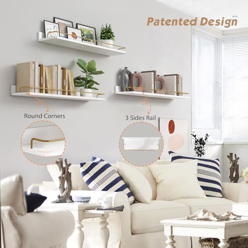 Forbena 24 Inch Floating Shelves Set of 3 Gold and White