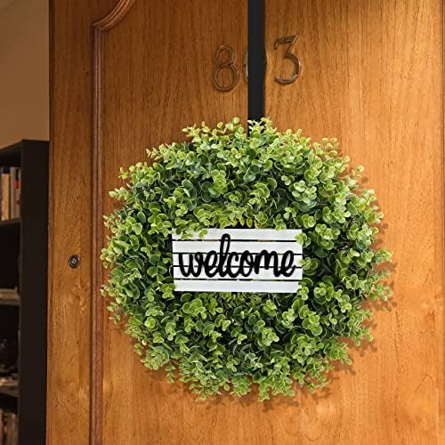 Artificial Boxwood Wreath with Welcome Sign and Hanger