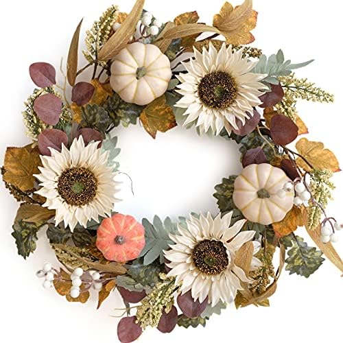 Idyllic 20 Inch White Sunflower Pumpkin Fall Wreath