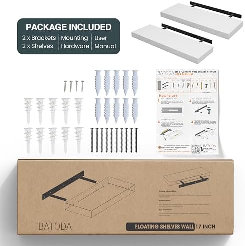 BATODA Set of 2 17 Inch White Floating Shelves Wall Mounted