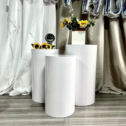 Hytesco Metal Display Pedestal Stand - 3PC White Round Cylinder Decor