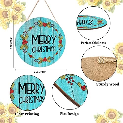 Farmhouse Front Door Hanger with Holly Christmas Wreath Wood Sign 10x10in