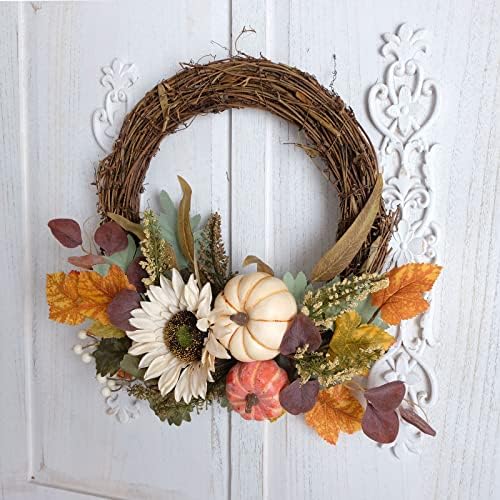 12 Inch Fall Harvest Wreath with Pumpkins and Sunflowers