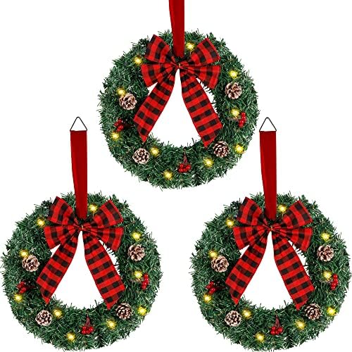 ATDAWN 3 Pack Mini Christmas Wreath with Light
