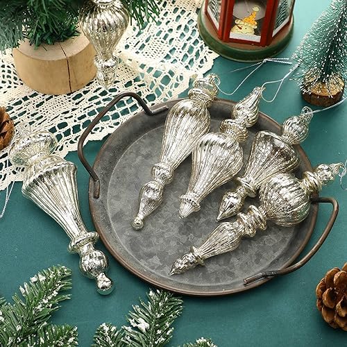 6 Pcs Silver Crystal Glass Christmas Finials Hanging Decorations
