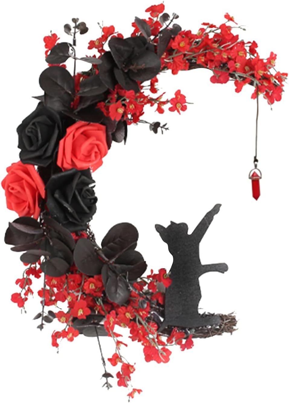 Lighted Cat Wreath with Purple Flowers and Celestial Door Hanger