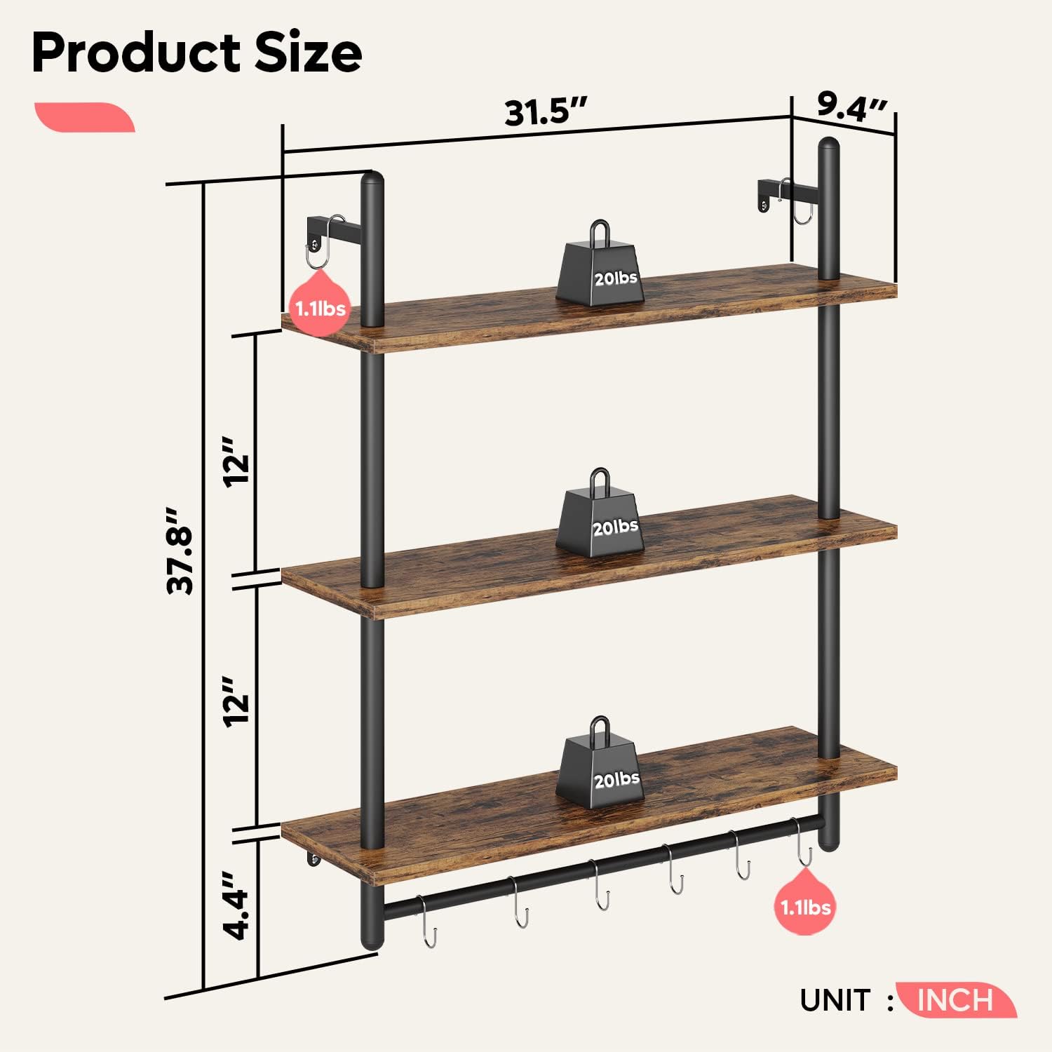 Bestier 3 Tier Floating Wall Shelving with Towel Bar