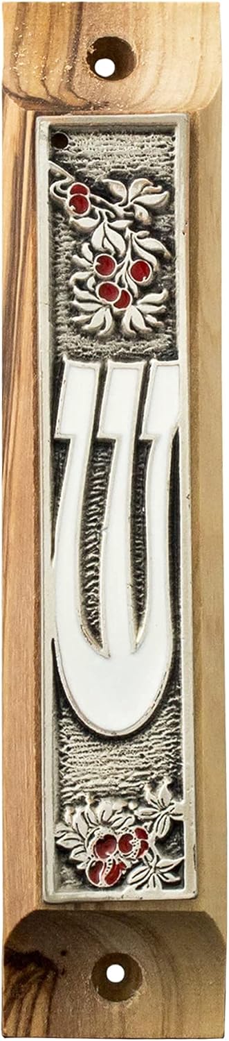 Gold Metallic Mezuzah Car Door Talisman Olive Wood Pomegranates