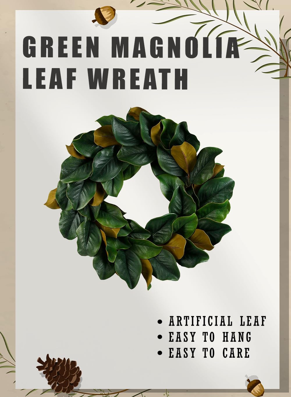 Serene Spaces Living Artificial Green Magnolia Leaf Wreath