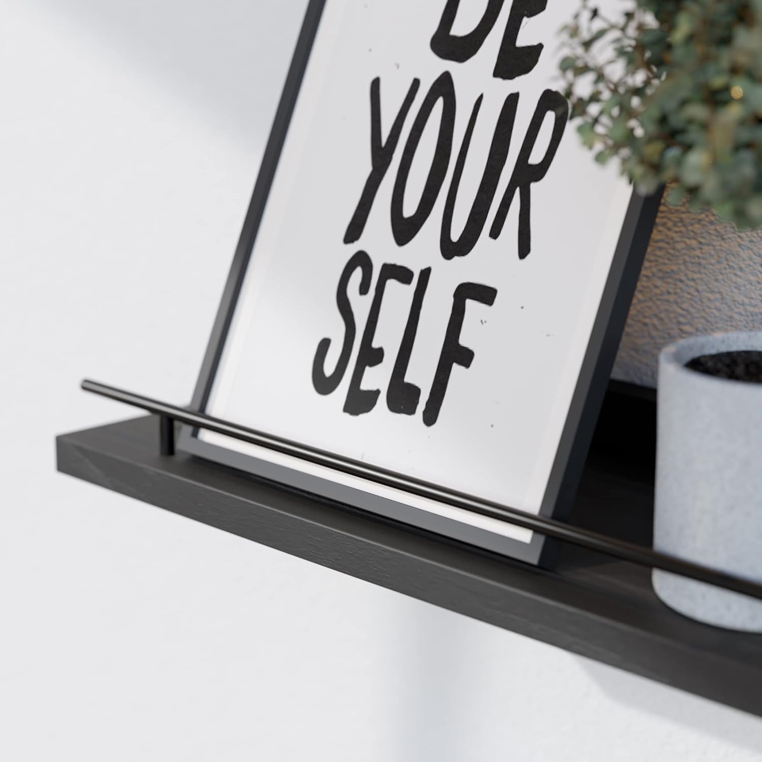 WOPITUES Floating Shelves 24 Inch Set of 3 with Gold Metal Guardrail - Black
