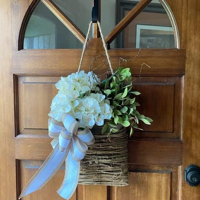 2025 Cream Hydrangea Door Wreath with Rattan Basket