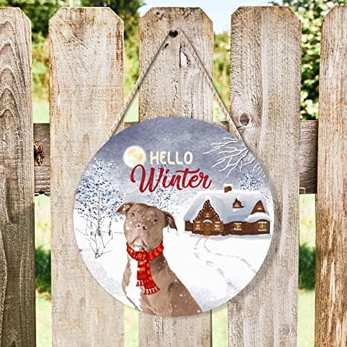 Farmhouse Front Door Hanger Hello Winter Christmas Dog Wearing Scarf Wood Sign