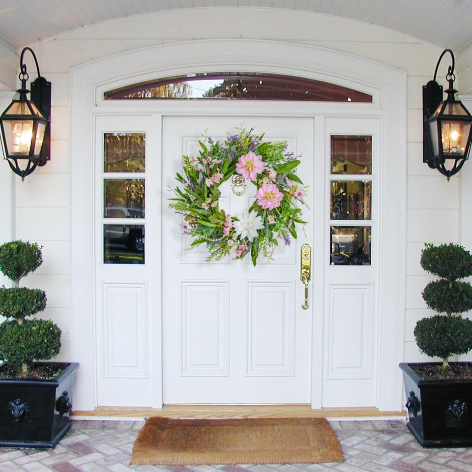 20 Inch Pink Dahlia Artificial Spring Wreath for Front Door
