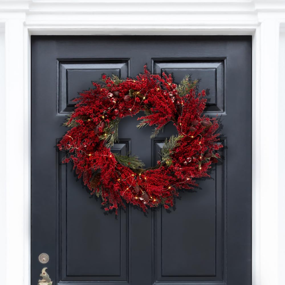 SAFAVIEH 30-Inch LED Light Wreath with Pine and Red Berries