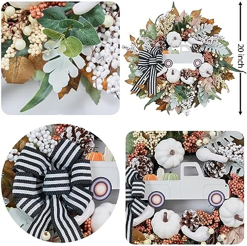 20 Inch Fall Wreath with White Pumpkin and Ribbon Bow