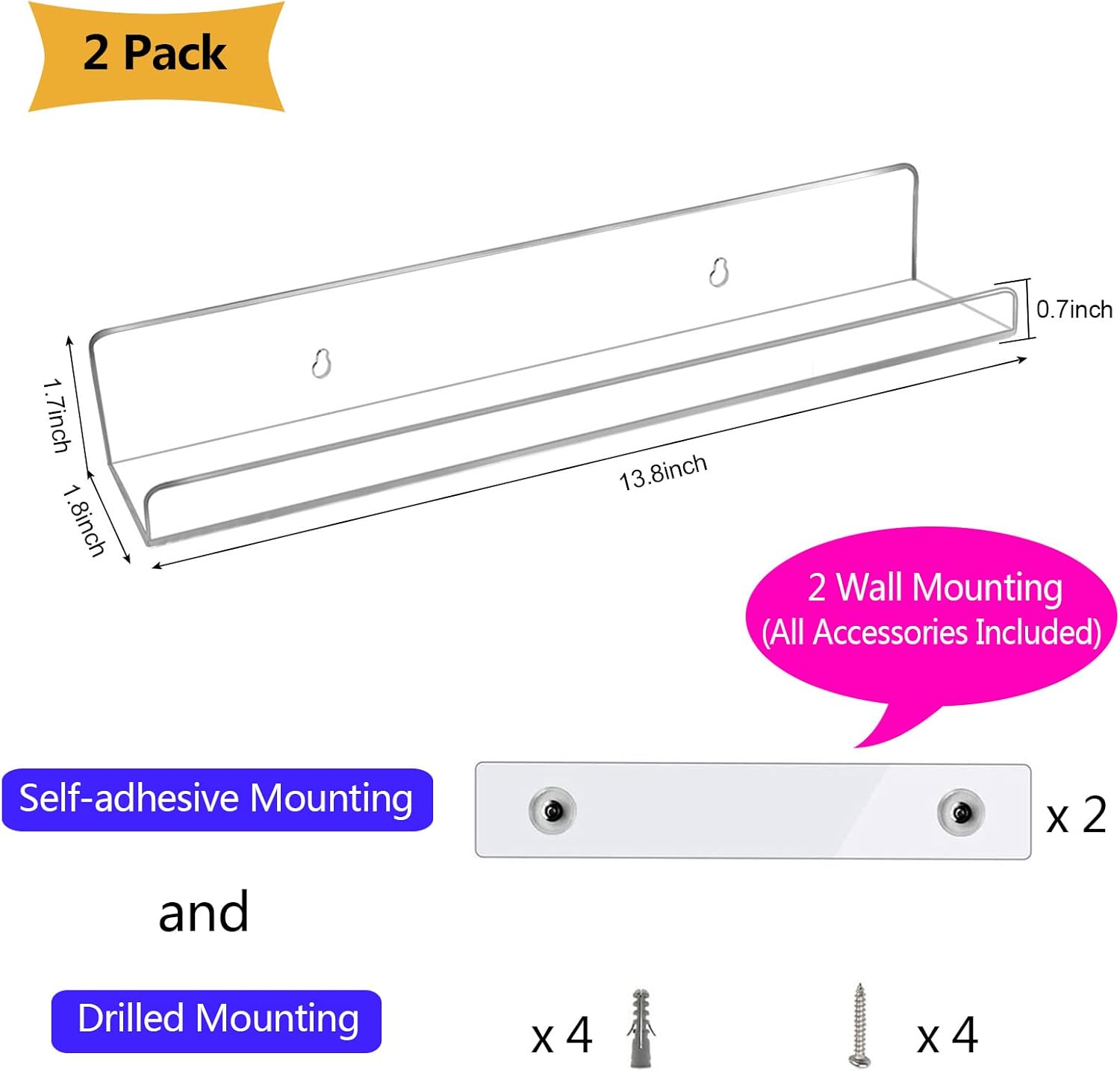 Evron Acrylic Floating Shelves 2-Pack Modern Wall Storage