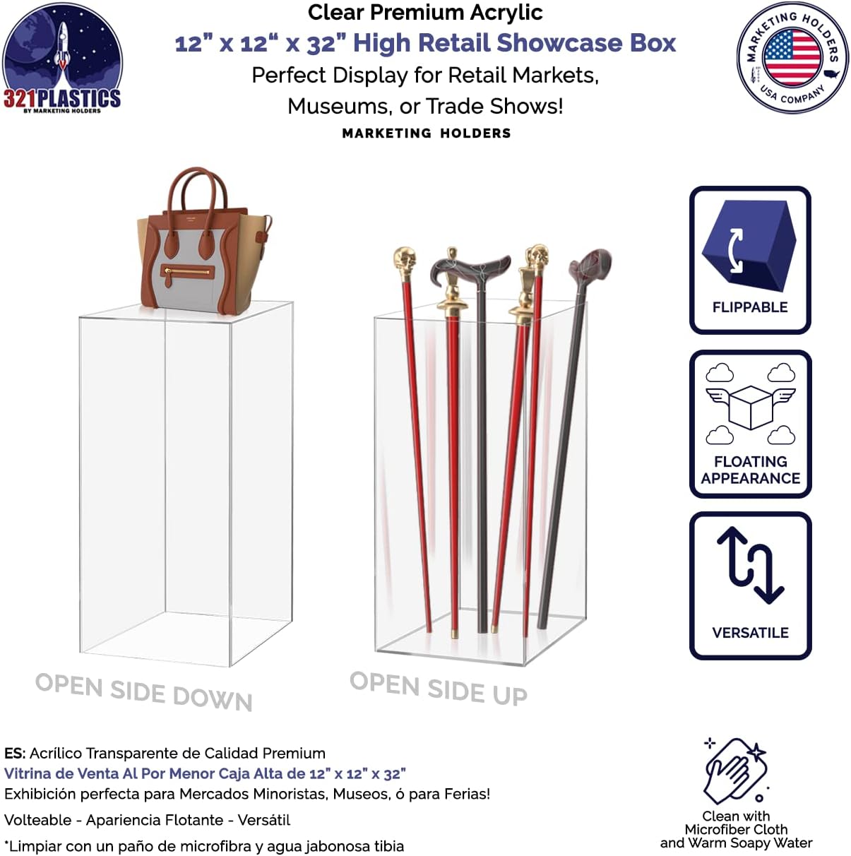 2 Pack Tall Display Box 12x12x32 Glossy Clear Acrylic Pedestal Stand