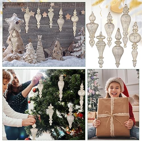 6 Pcs Silver Crystal Glass Christmas Finials Hanging Decorations