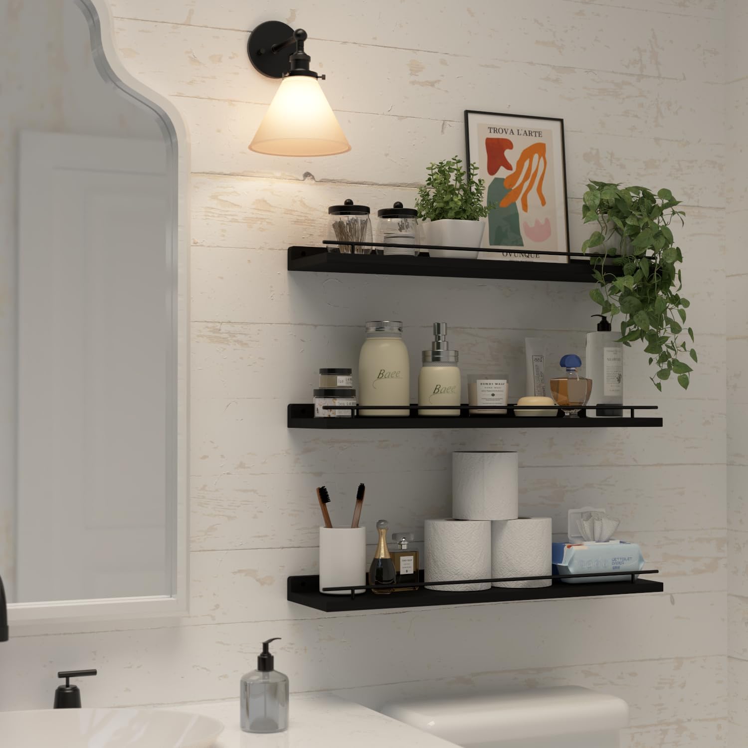 WOPITUES Floating Shelves 24 Inch Set of 3 with Gold Metal Guardrail - Black