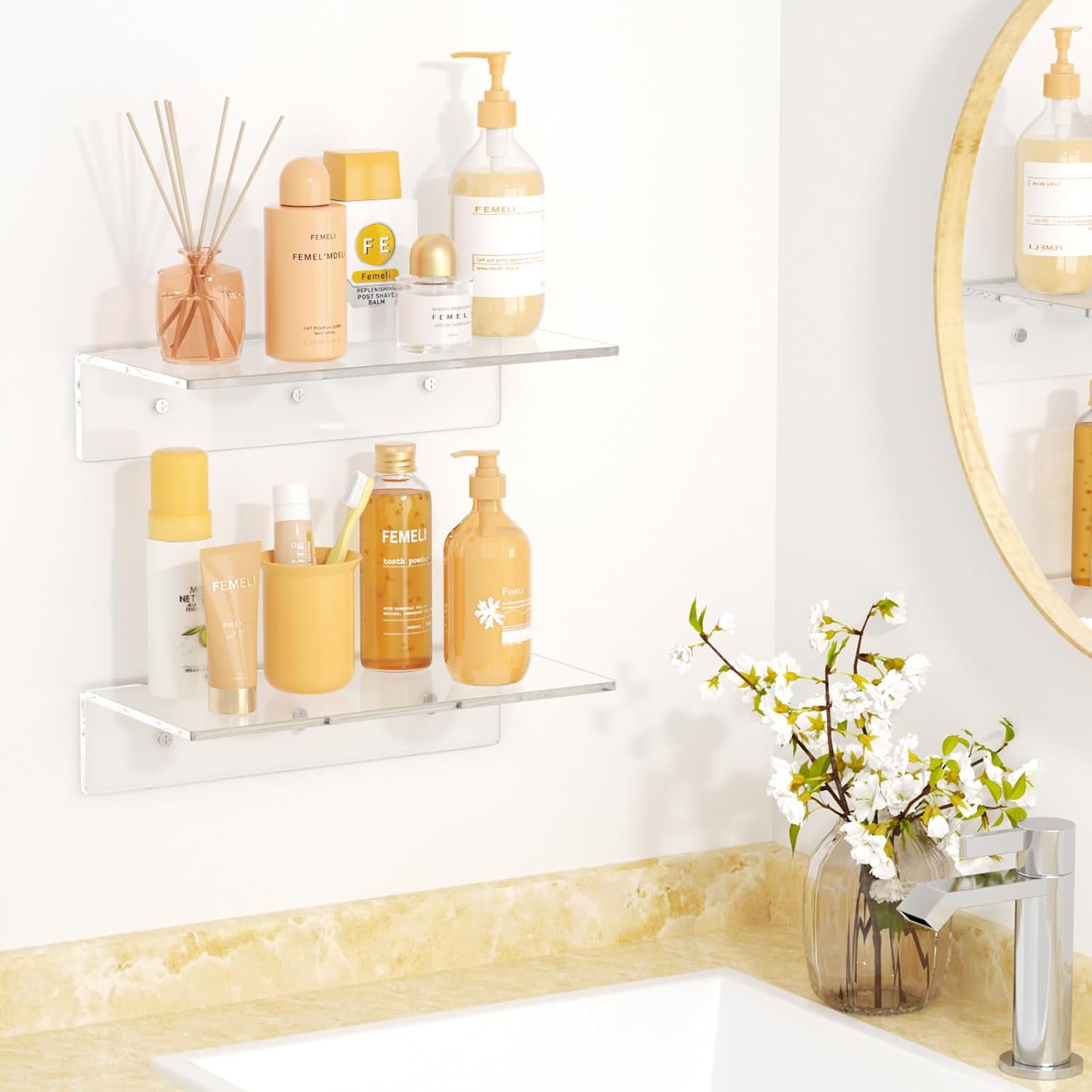 FEMELI 2 PCS 12 Inch Clear Acrylic Floating Shelves for Display